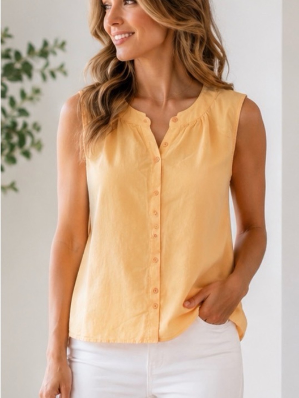 Tribal Sleeveless Button-Front Top in Soft Yellow